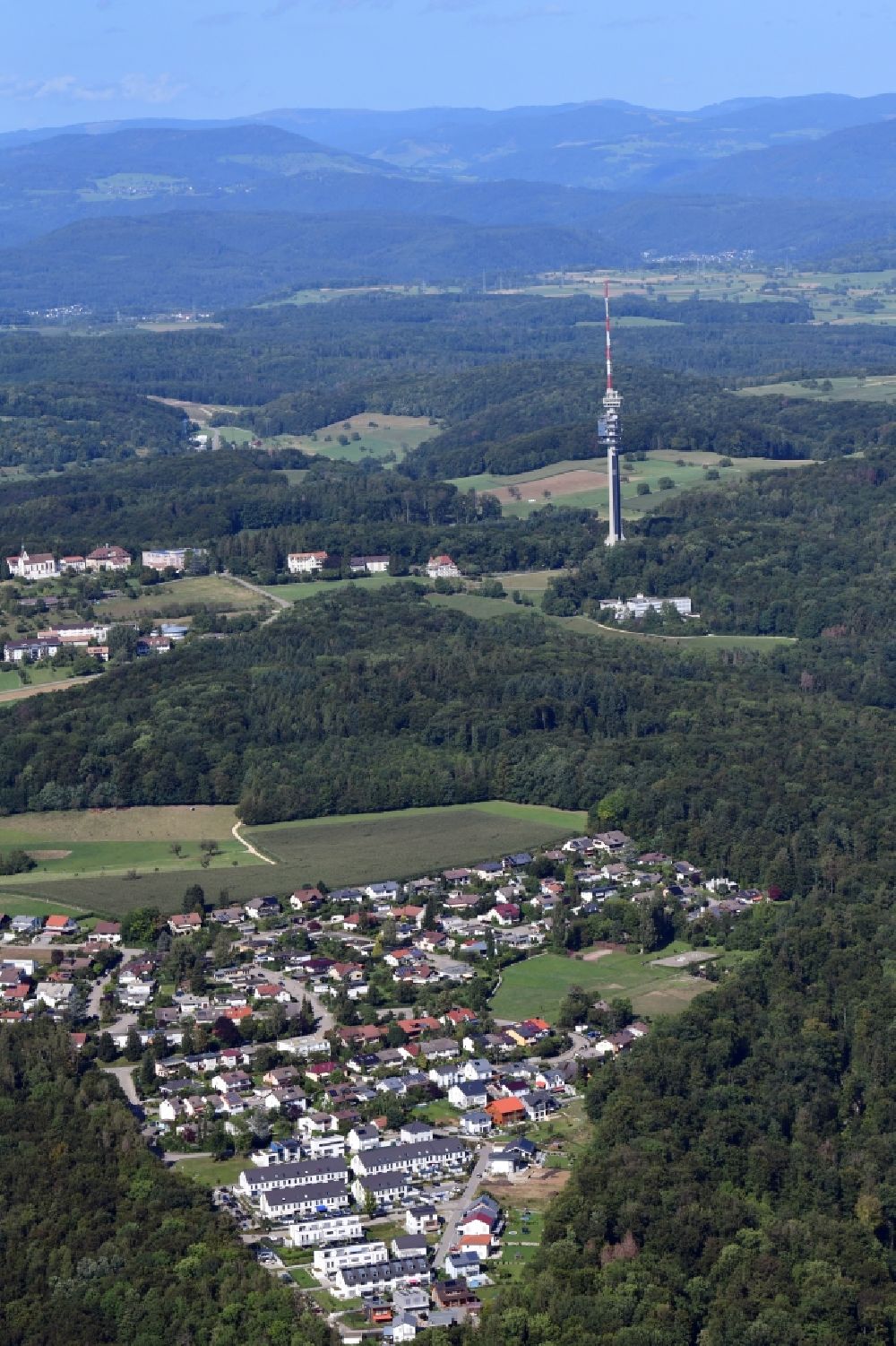 Aerial photograph Grenzach-Wyhlen - Residential area and district Neufeld in in Grenzach-Wyhlen in the state Baden-Wurttemberg, Germany. Looking to the landmark and television tower St. Chrischona in Switzerland