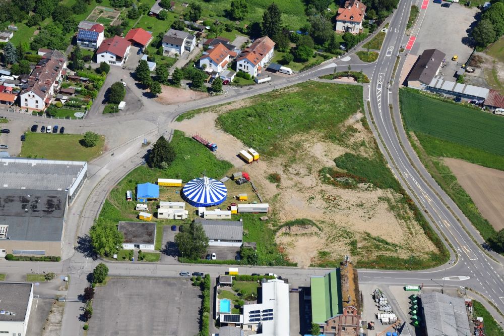Grenzach-Wyhlen from above - District on Solvayststreet with Circus tent in the district Wyhlen in Grenzach-Wyhlen in the state Baden-Wurttemberg, Germany