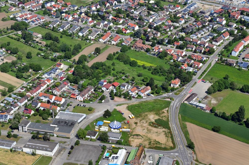 Grenzach-Wyhlen from the bird's eye view: District on Solvayststreet with Circus tent in the district Wyhlen in Grenzach-Wyhlen in the state Baden-Wurttemberg, Germany