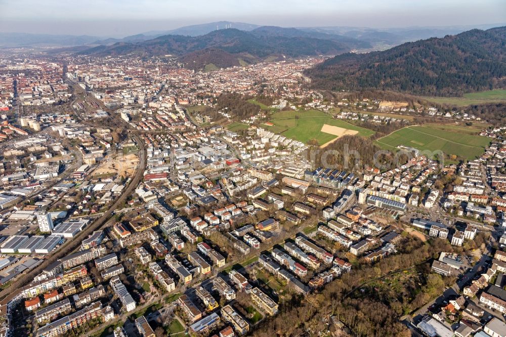 Aerial image Freiburg im Breisgau - District in the city in the district Vauban in Freiburg im Breisgau in the state Baden-Wurttemberg, Germany