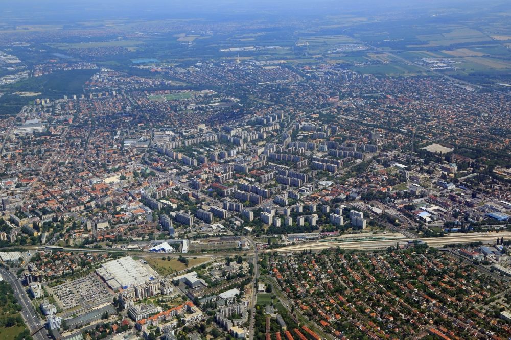 Budapest from the bird's eye view: District Angyalfid at the railway station area in the city region IV. keruelet in Budapest in Hungary