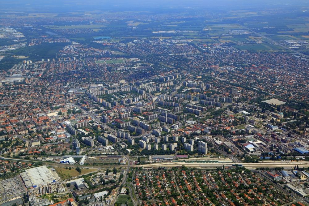 Aerial image Budapest - District Angyalfid at the railway station area in the city region IV. keruelet in Budapest in Hungary