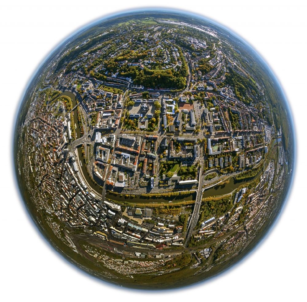 Saarbrücken from above - Fish- eye- city view of the city center and the city center of Saarbrücken in Saarland