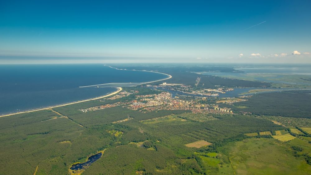 Swinemünde from above - Cityscape of Swinemuende with the mouth of the Swine in the Baltic Sea in west Pomeranians, Poland