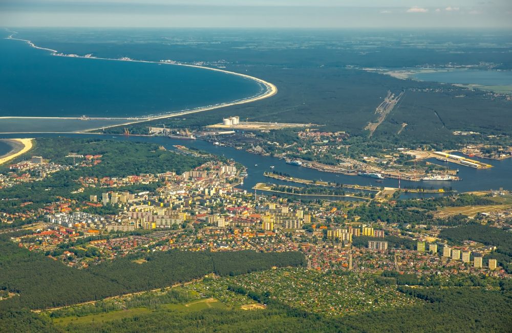 Aerial image Swinemünde - Cityscape of Swinemuende with the mouth of the Swine in the Baltic Sea in west Pomeranians, Poland