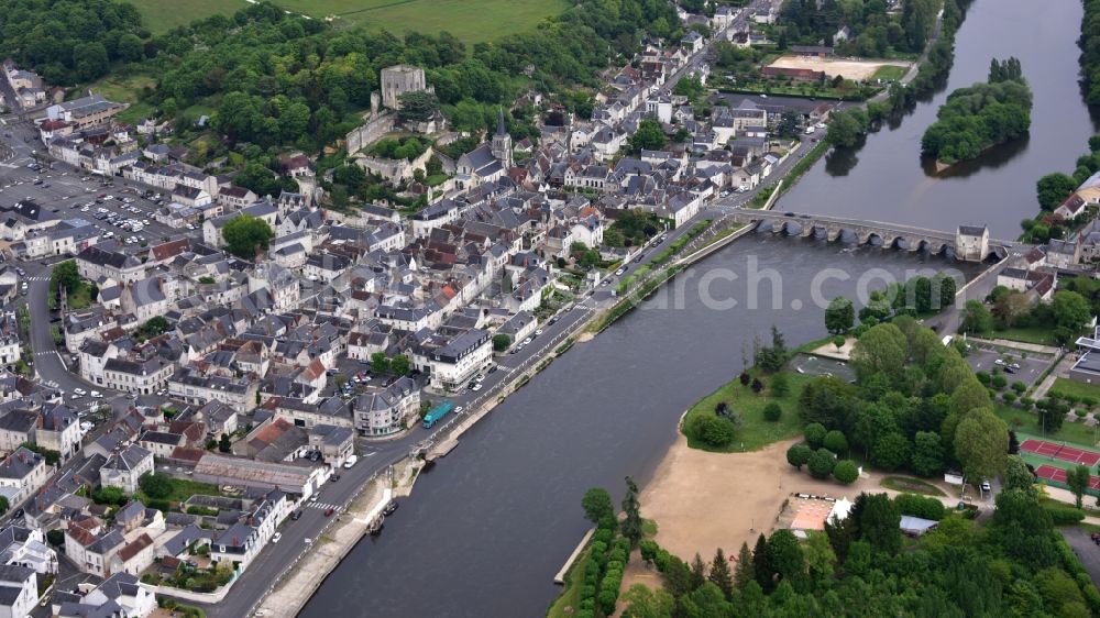 Montrichard Val de Cher from the bird's eye view: City view on the river bank Cher in Montrichard Val de Cher in Centre-Val de Loire, France