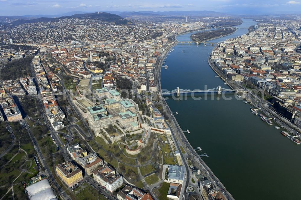 Budapest from the bird's eye view: City view on the river bank of the river Danube in the district I. keruelet in Budapest in Hungary. In the foreground, the Castillo de Buda, Budapesti Toerteneti MA?zeum in the Royal Palace