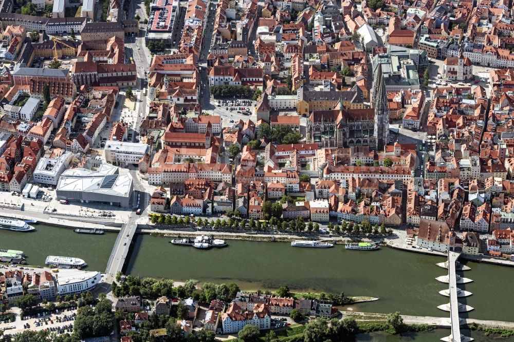 Regensburg from above - City view on the river bank of the river Danube in Regensburg in the state Bavaria, Germany