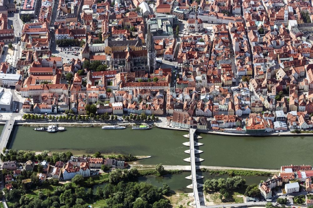 Regensburg from the bird's eye view: City view on the river bank of the river Danube in Regensburg in the state Bavaria, Germany