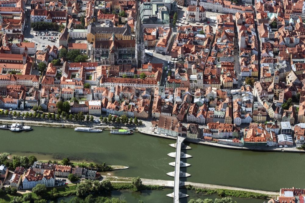 Aerial image Regensburg - City view on the river bank of the river Danube in Regensburg in the state Bavaria, Germany
