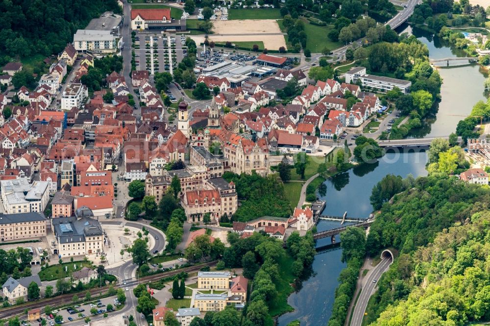 Sigmaringen from above - City view on the river bank of the river Danube in Sigmaringen in the state Baden-Wuerttemberg, Germany