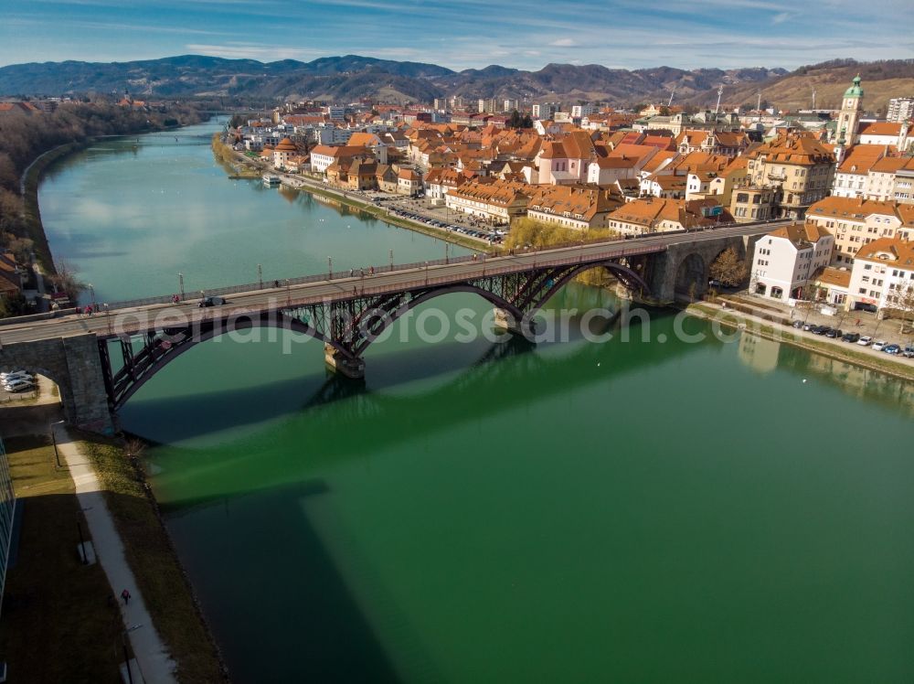 Maribor from above - City view on the river bank of Drau in Maribor in Upravna enota Maribor, Slovenia