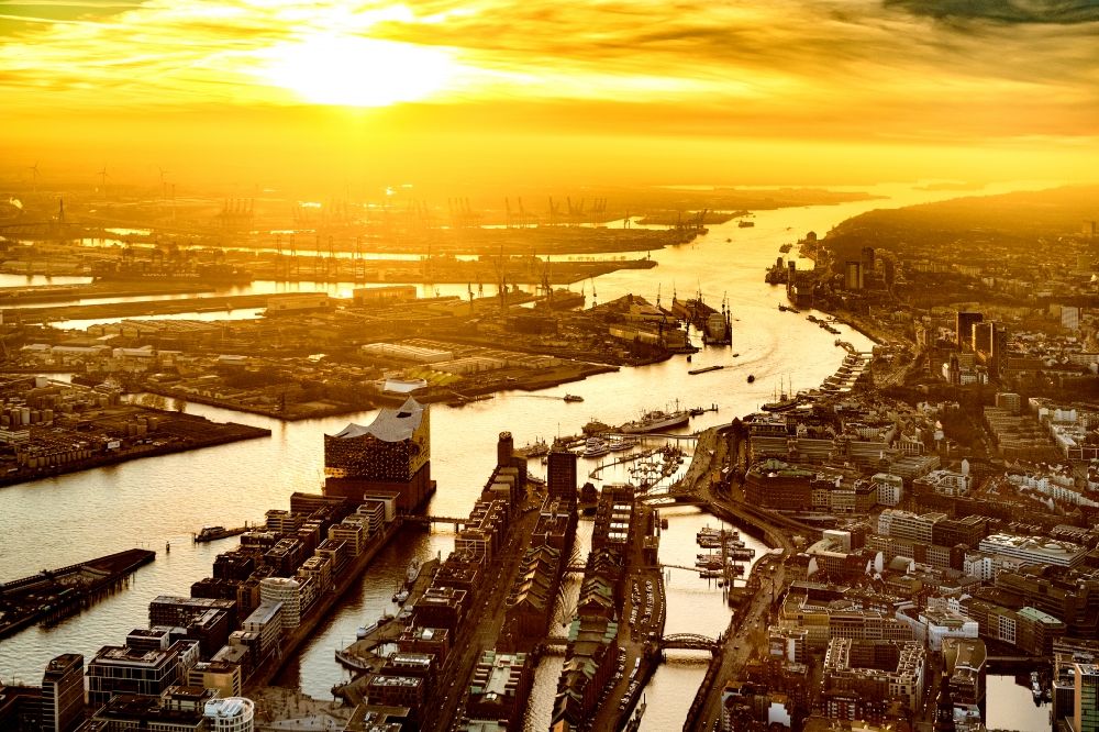 Hamburg from above - City view on the river bank of the River Elbe in the district HafenCity in Hamburg, Germany