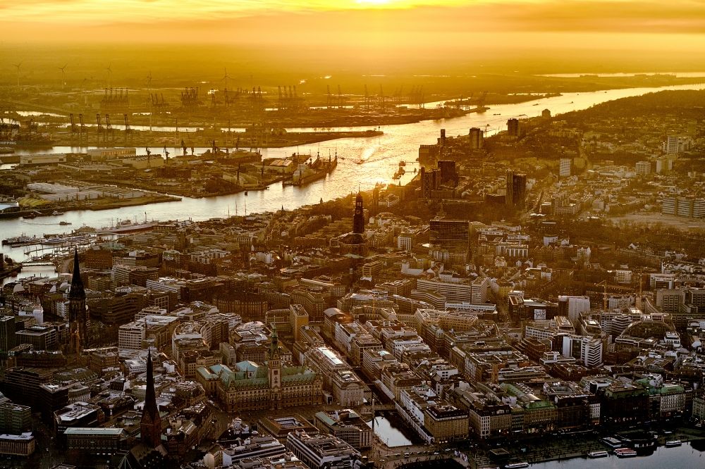Hamburg from above - City view on the river bank of the River Elbe, by sunset, in the district HafenCity in Hamburg, Germany