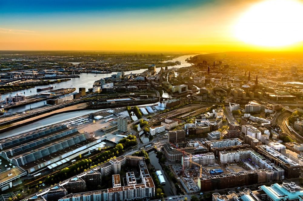 Aerial image Hamburg - City view on the river bank of the River Elbe, by sunset, in the district HafenCity in Hamburg, Germany