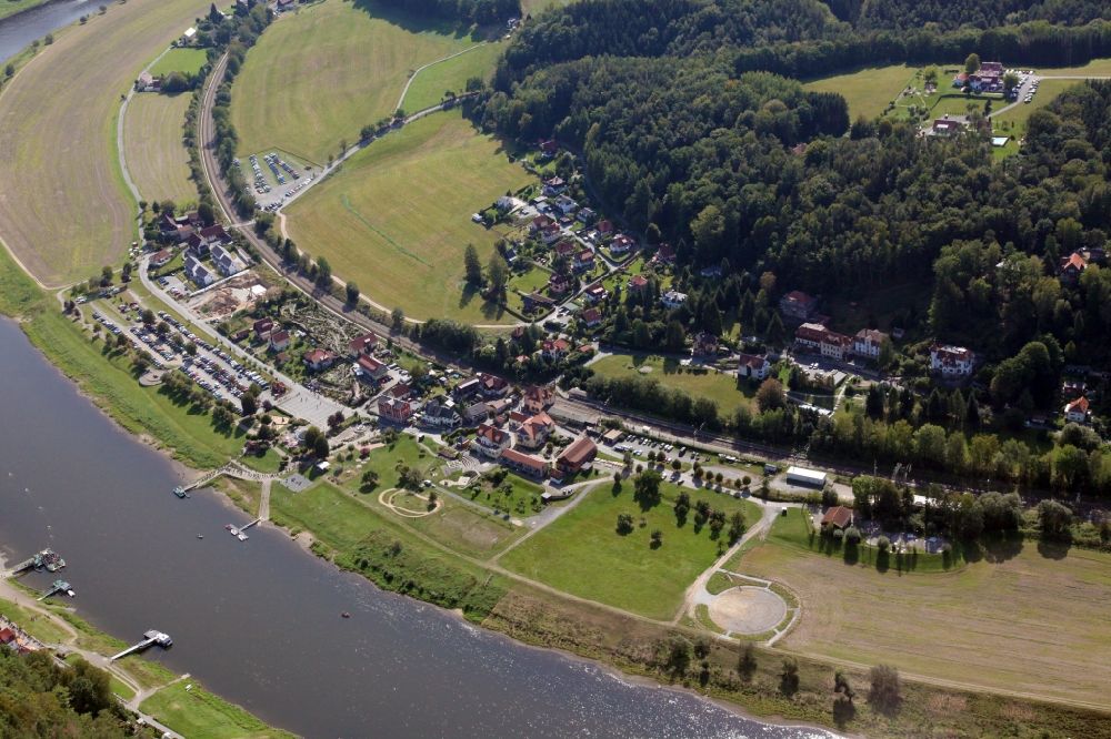 Rathen from the bird's eye view: City view on the river bank of the River Elbe in Rathen in the state Saxony, Germany