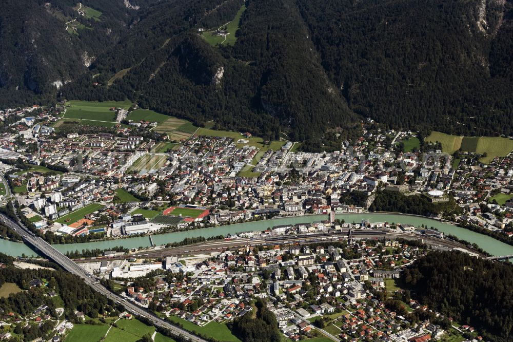 Kufstein from the bird's eye view: City view on the river bank of Inn in Kufstein in Tirol, Austria