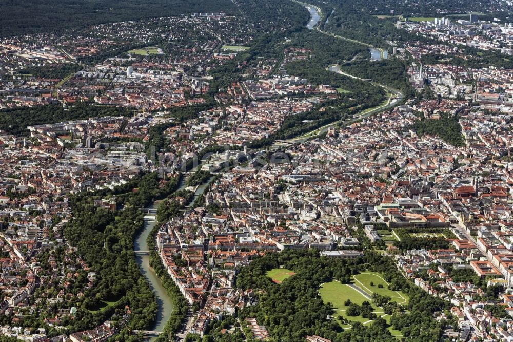 Aerial image München - City view on the river bank of the river Isar in Munich in the state Bavaria, Germany