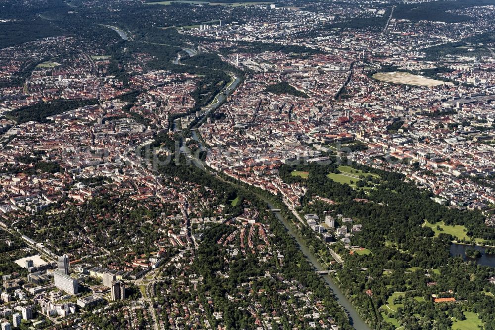 München from above - City view on the river bank of the river Isar in Munich in the state Bavaria, Germany
