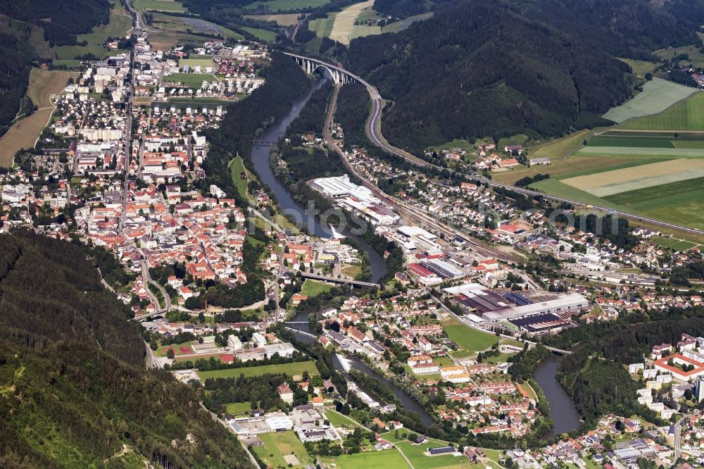 Judenburg from above - City view on the river bank in Judenburg in Steiermark, Austria