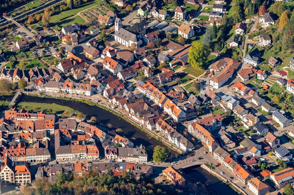 Wolfach from above - City view on the river bank of the Kinzig river in Wolfach in the state Baden-Wurttemberg, Germany