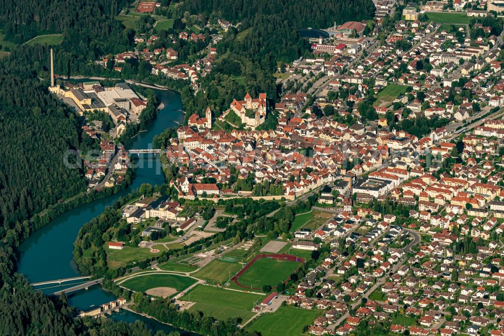 Füssen from above - City view on the river bank of Lech in Fuessen in the state Bavaria, Germany