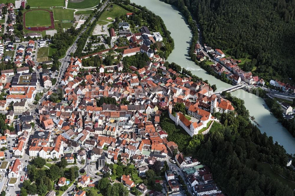 Füssen from the bird's eye view: City view on the river bank of Lech in Fuessen in the state Bavaria, Germany