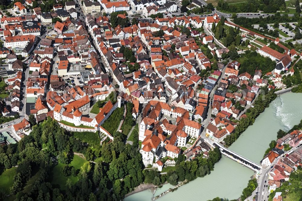 Aerial image Füssen - City view on the river bank of Lech in Fuessen in the state Bavaria, Germany