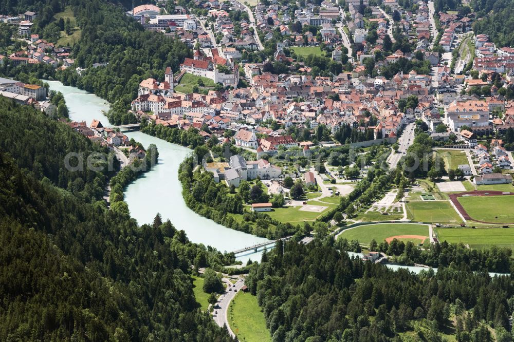 Aerial image Füssen - City view on the river bank of Lech in Fuessen in the state Bavaria, Germany
