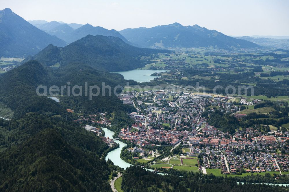 Füssen from above - City view on the river bank of Lech in Fuessen in the state Bavaria, Germany