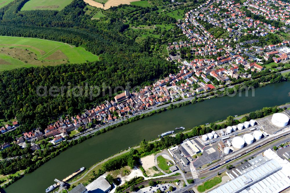 Oberzell from above - City view on the river bank of the Main river in Oberzell in the state Bavaria, Germany