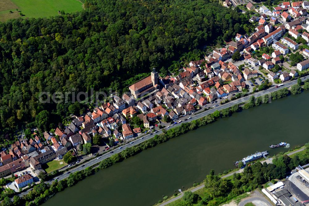 Oberzell from the bird's eye view: City view on the river bank of the Main river in Oberzell in the state Bavaria, Germany