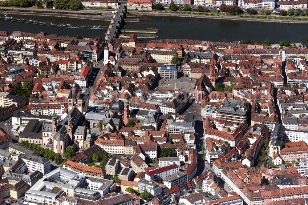 Würzburg from above - City view on the river bank of the Main river in the district Altstadt in Wuerzburg in the state Bavaria, Germany