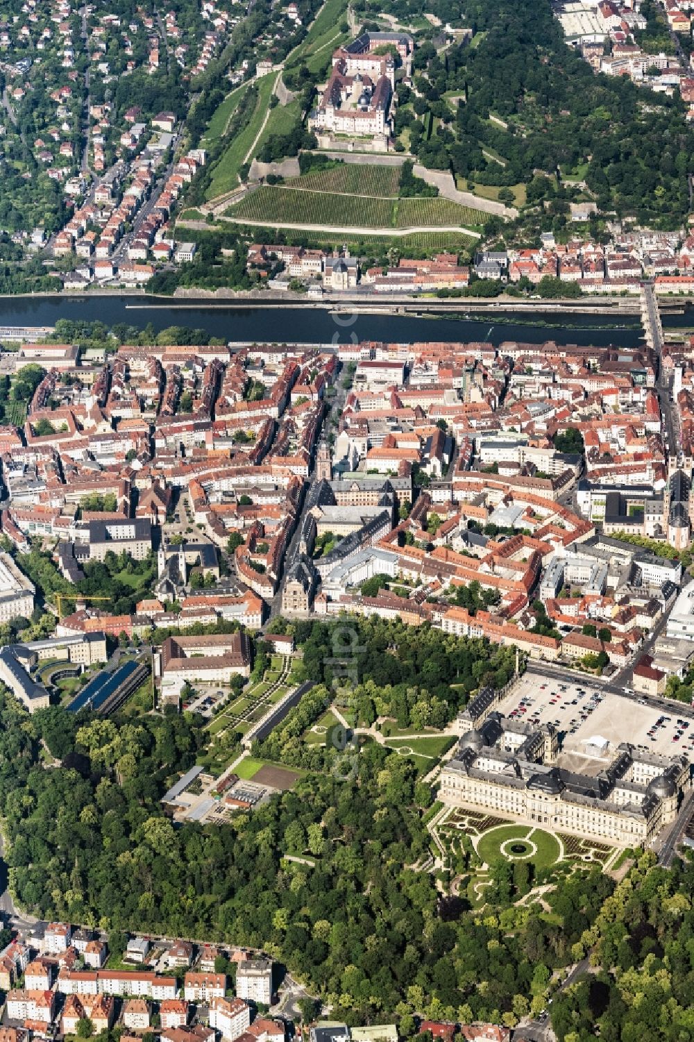Würzburg from above - City view on the river bank Main in Wuerzburg in the state Bavaria, Germany