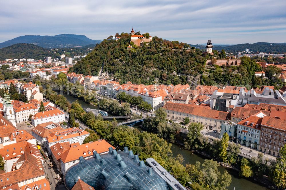 Graz from the bird's eye view: City view on the river bank of Mur on street Grieskai in Graz in Steiermark, Austria