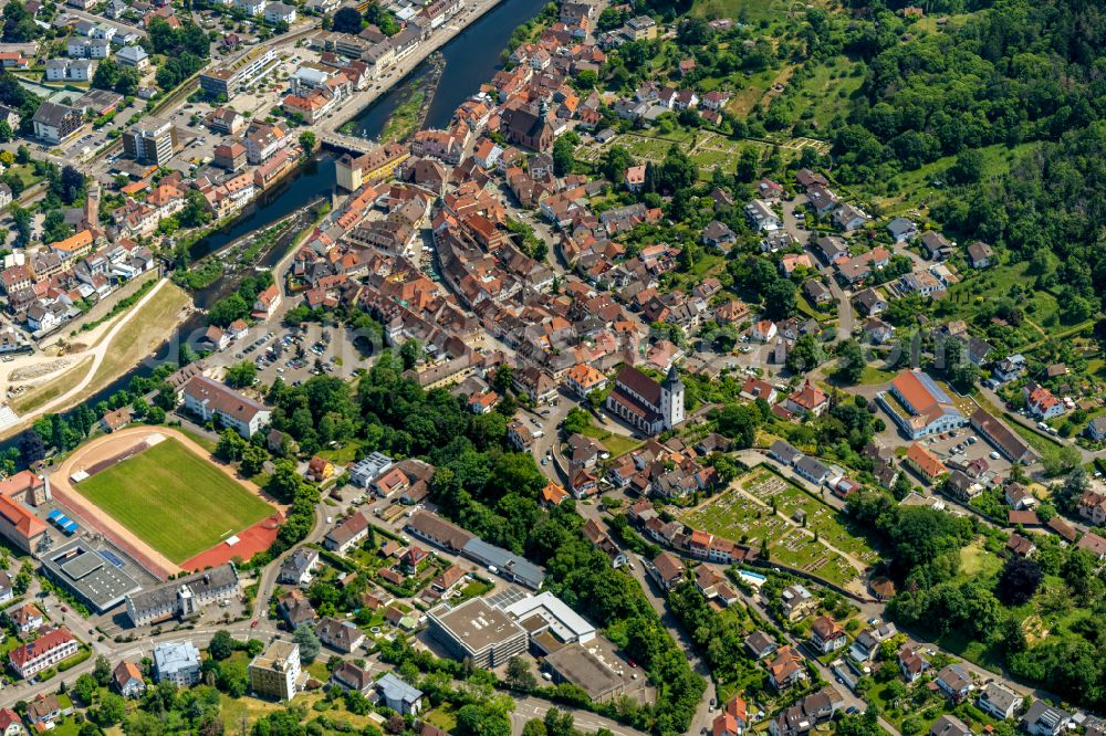 Gernsbach from above - City view on the river bank Murg in Gernsbach in the state Baden-Wuerttemberg, Germany