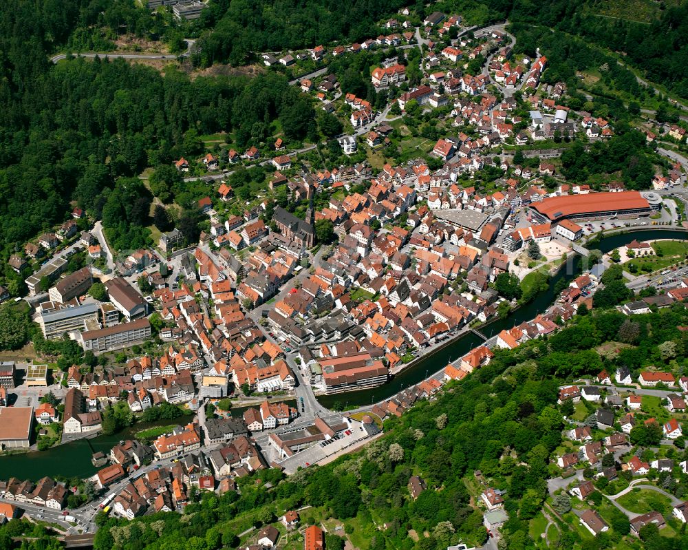 Calw from above - City view on the river bank of Nagold in Calw in the state Baden-Wuerttemberg, Germany