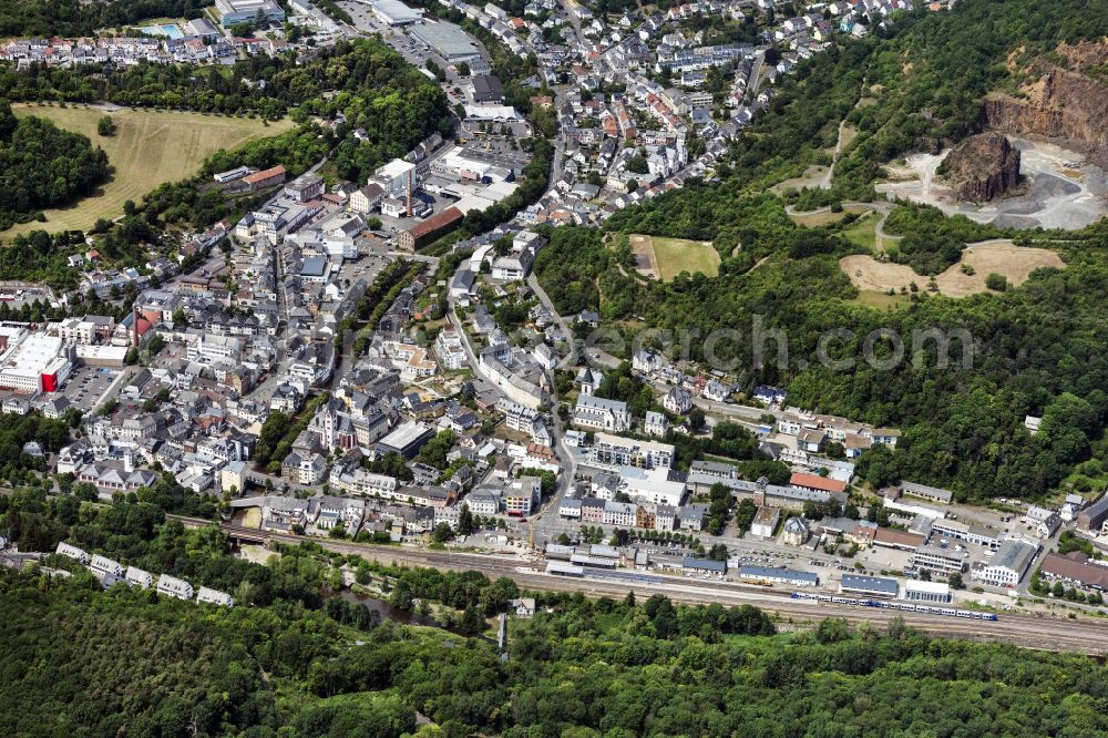Kirn from the bird's eye view: City view on the river bank of the Nahe river in Kirn in the state Rhineland-Palatinate, Germany
