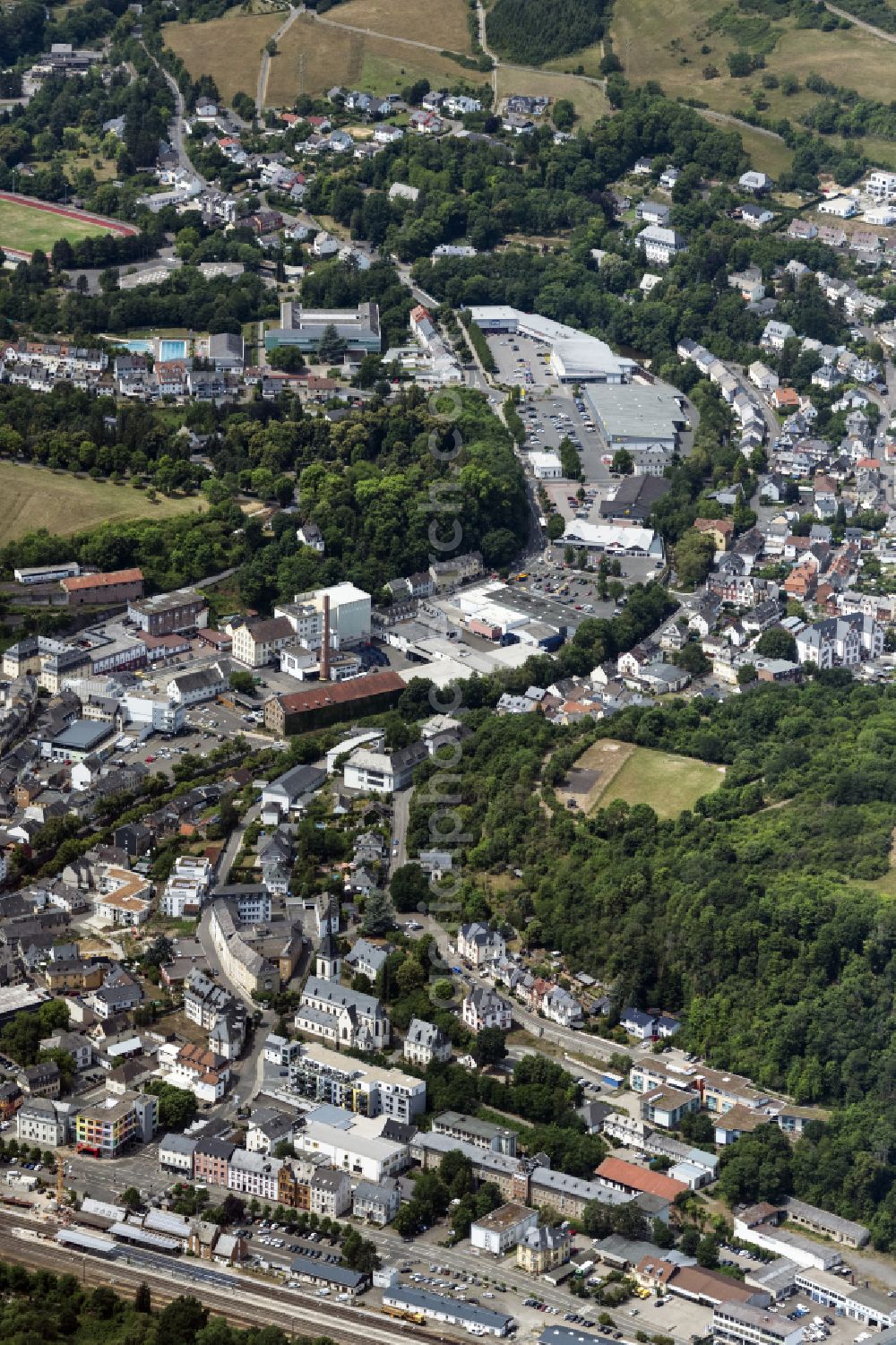 Aerial image Kirn - City view on the river bank of the Nahe river in Kirn in the state Rhineland-Palatinate, Germany