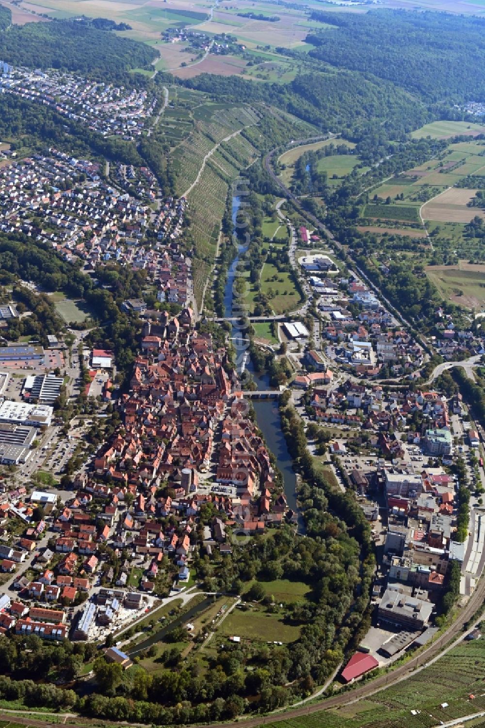 Aerial image Besigheim - City view on the river bank of the river Neckar in Besigheim in the state Baden-Wuerttemberg, Germany
