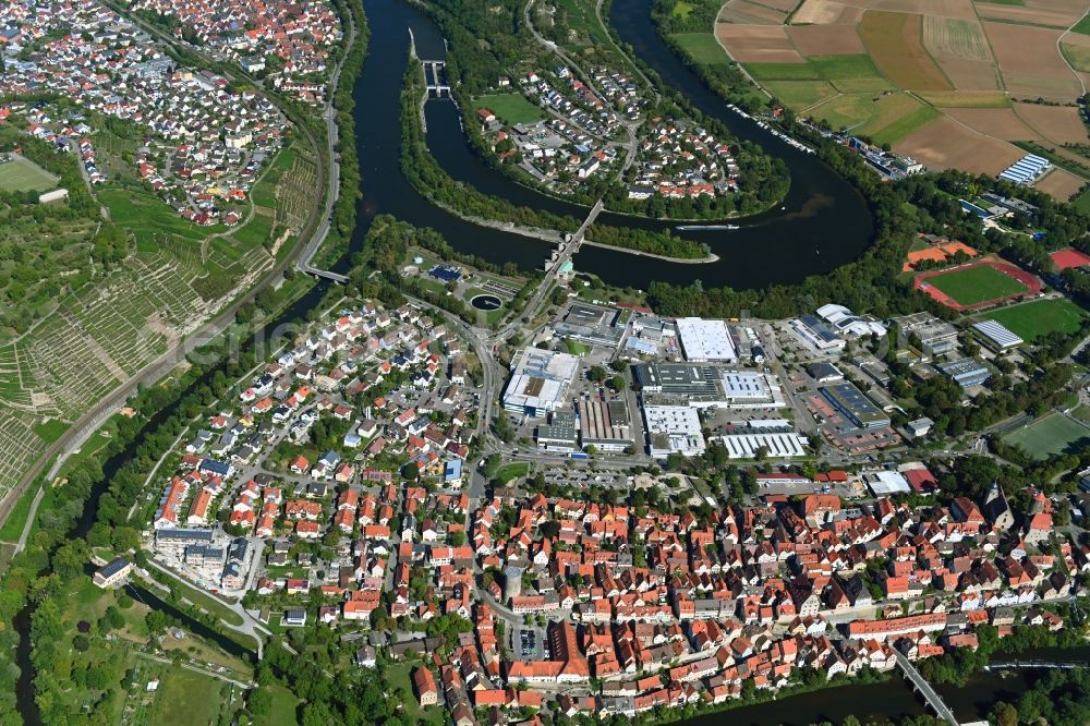 Besigheim from the bird's eye view: City view on the river bank of the river Neckar in Besigheim in the state Baden-Wurttemberg, Germany