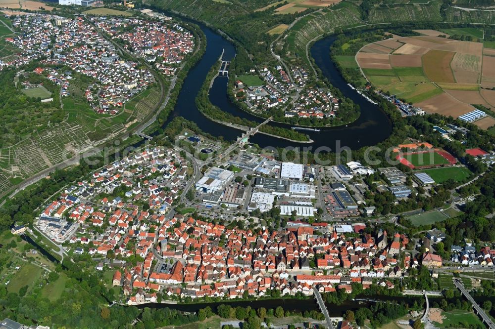 Besigheim from above - City view on the river bank of the river Neckar in Besigheim in the state Baden-Wurttemberg, Germany