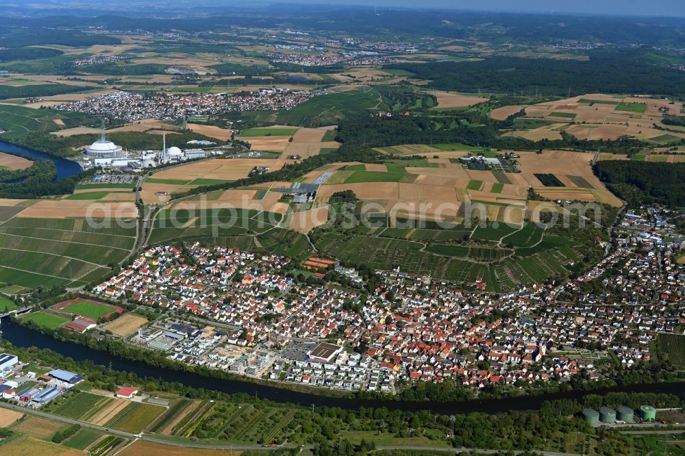 Gemmrigheim from above - City view on the river bank of the river Neckar in Gemmrigheim in the state Baden-Wuerttemberg, Germany