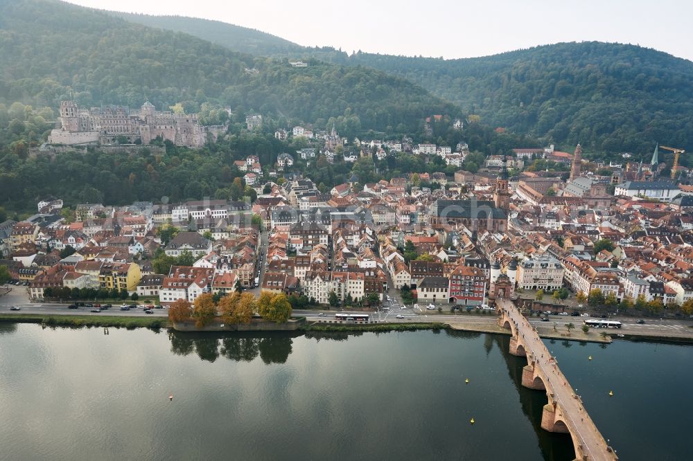 Heidelberg from the bird's eye view: City view on the river bank of the river Neckar in Heidelberg in the state Baden-Wurttemberg, Germany