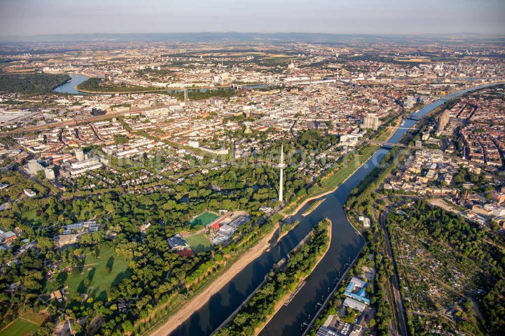 Aerial image Mannheim - City view on the river bank of the river Neckar with Luisenpark Mannheim and Communication-tower Part of the Bundesgartenschau 2023 BUGA23 in Mannheim in the state Baden-Wuerttemberg, Germany