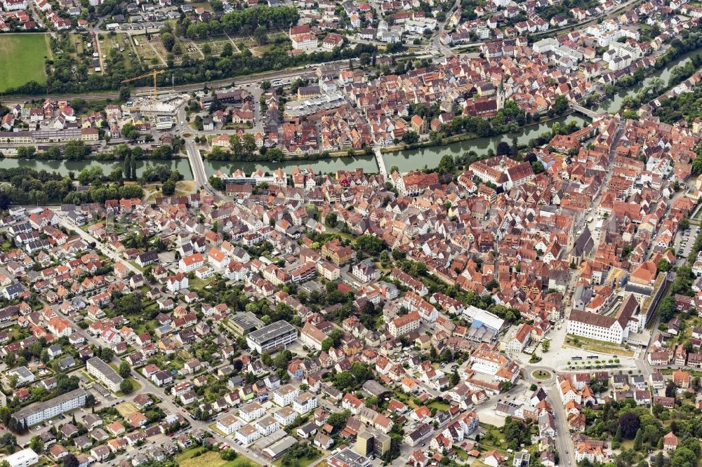 Aerial image Rottenburg am Neckar - City view on the river bank of the river Neckar in Rottenburg am Neckar in the state Baden-Wurttemberg, Germany