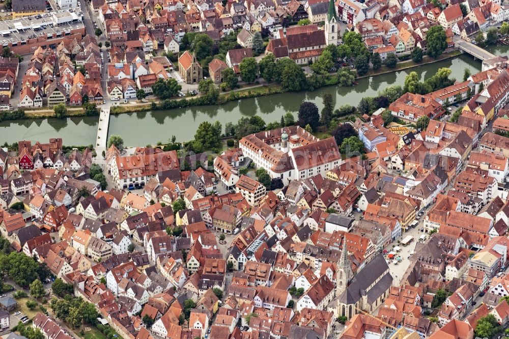 Aerial image Rottenburg am Neckar - City view on the river bank of Neckar in Rottenburg am Neckar in the state Baden-Wurttemberg, Germany