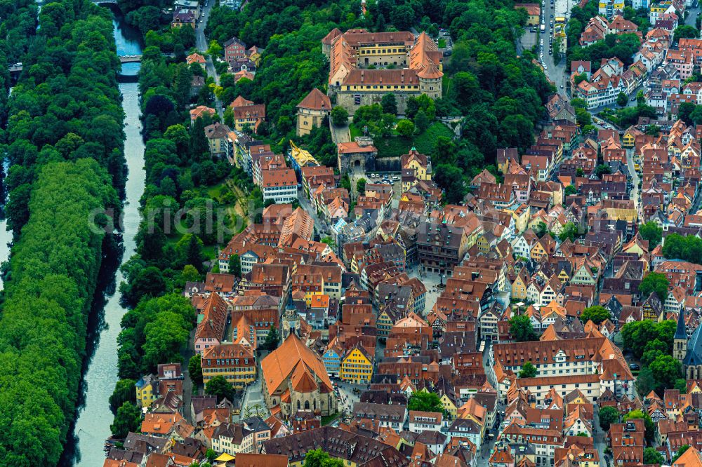Tübingen from the bird's eye view: City view on the river bank of the river Neckar in Tuebingen in the state Baden-Wurttemberg, Germany