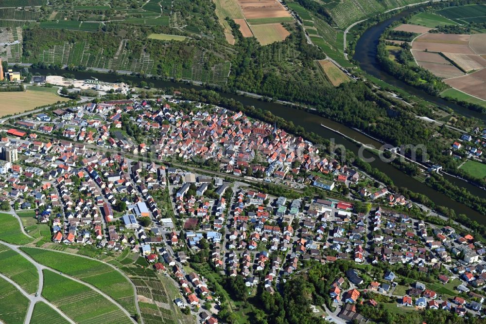 Walheim from the bird's eye view: City view on the river bank of Neckar in Walheim in the state Baden-Wuerttemberg, Germany