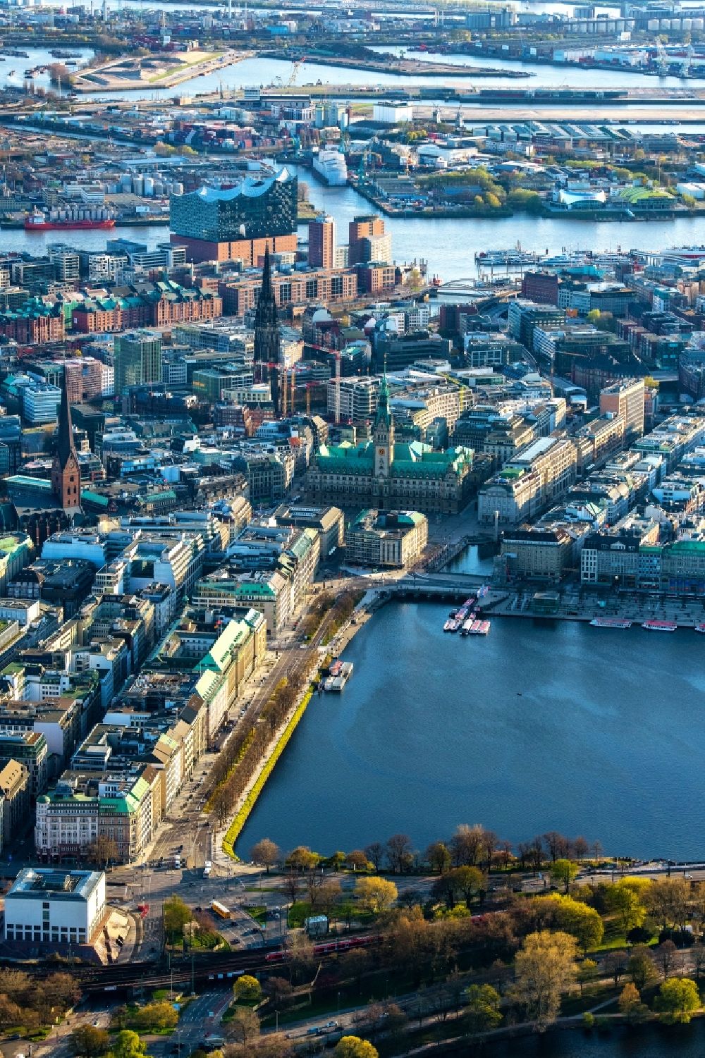 Hamburg from the bird's eye view: City view on the banks of the river course of the Norderelbe in the district HafenCity with the Elbphilharmonie in Hamburg, Germany